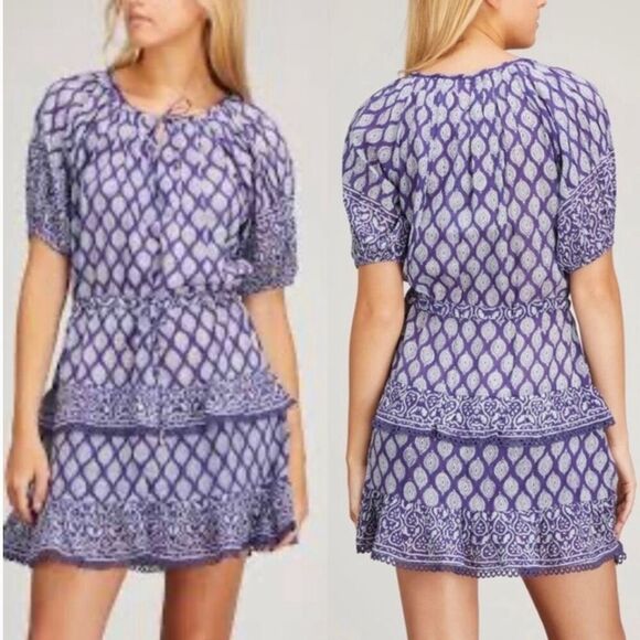 Bell by Alicia Bell Roxy Blue Cotton Silk Block Print Tiered Mini Dress Size XL - Picture 1 of 10